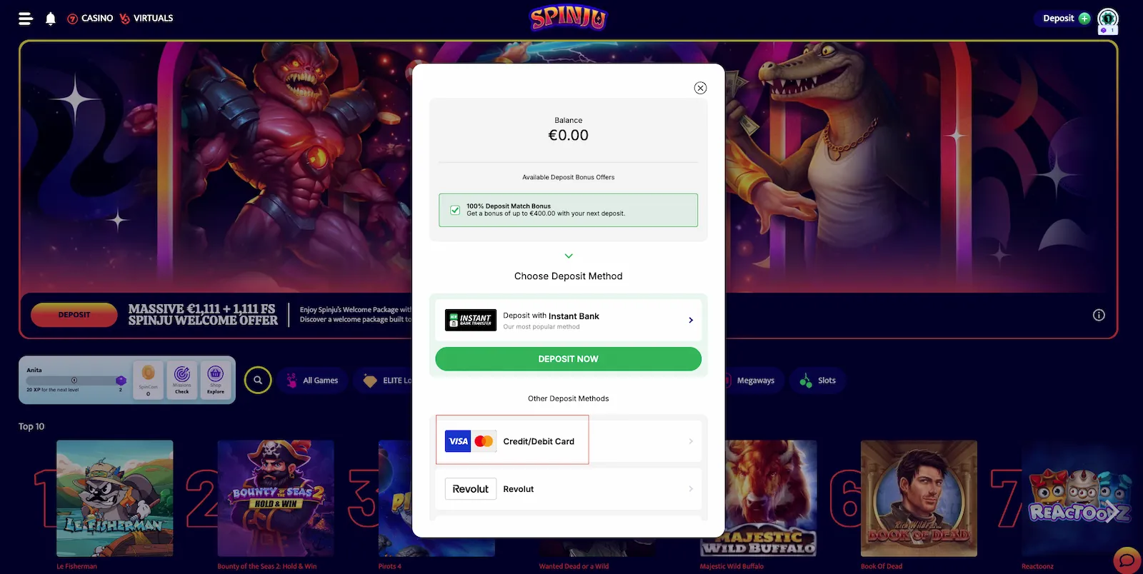 Visa casino innskudd