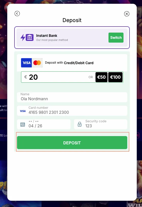 Visa casino innskudd