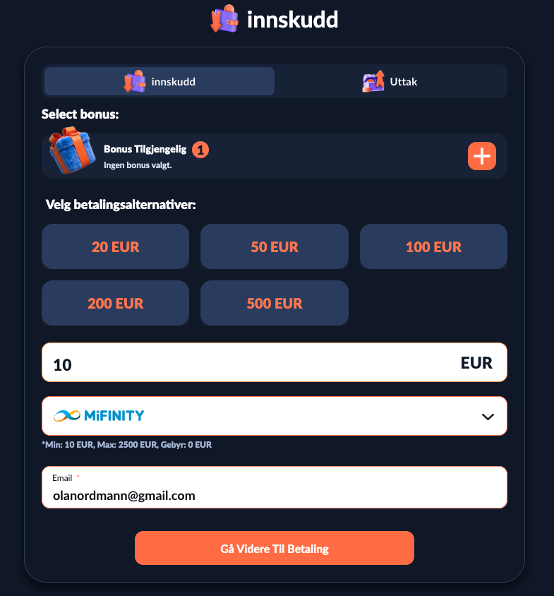 Betalingstester, MiFinity, innskudd 2